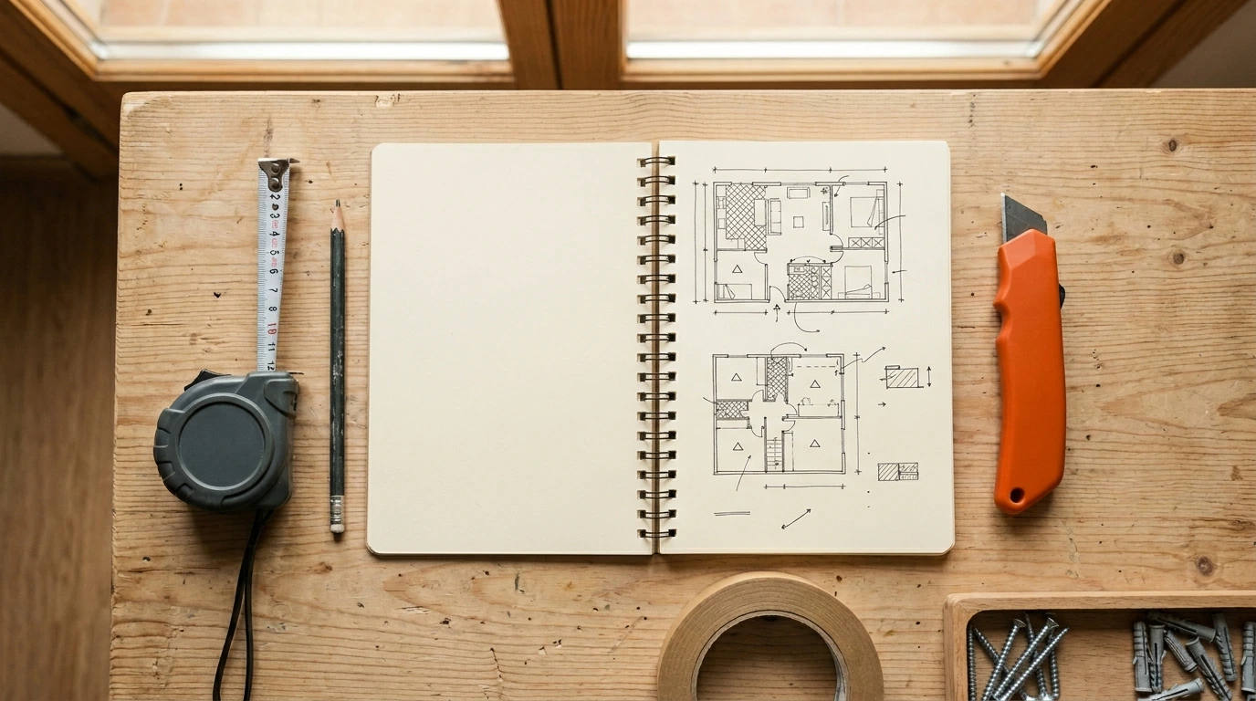 Plan de rénovation et calendrier de chantier sur une table d'atelier