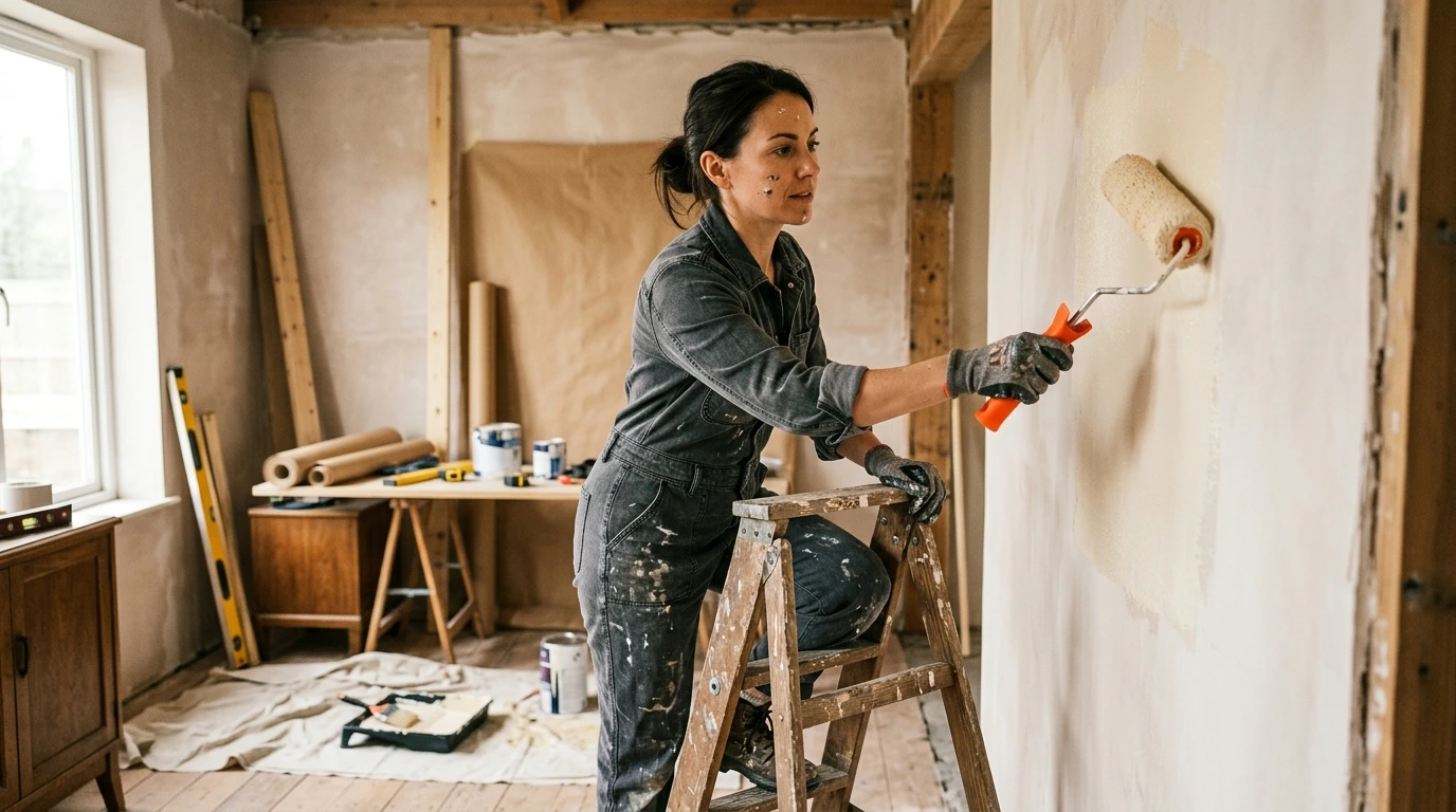 Bricoleur peignant un mur lors d'une rénovation DIY