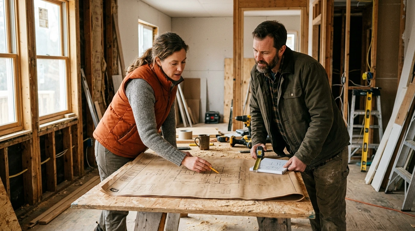 Consultation d'un plan de maison en cours de travaux