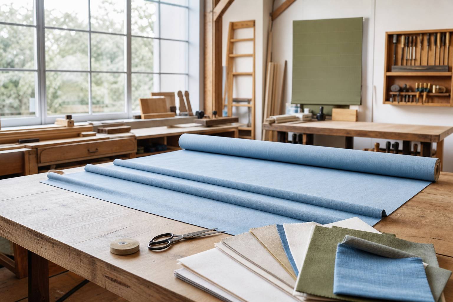 Atelier avec tissu store bateau et mètre ruban