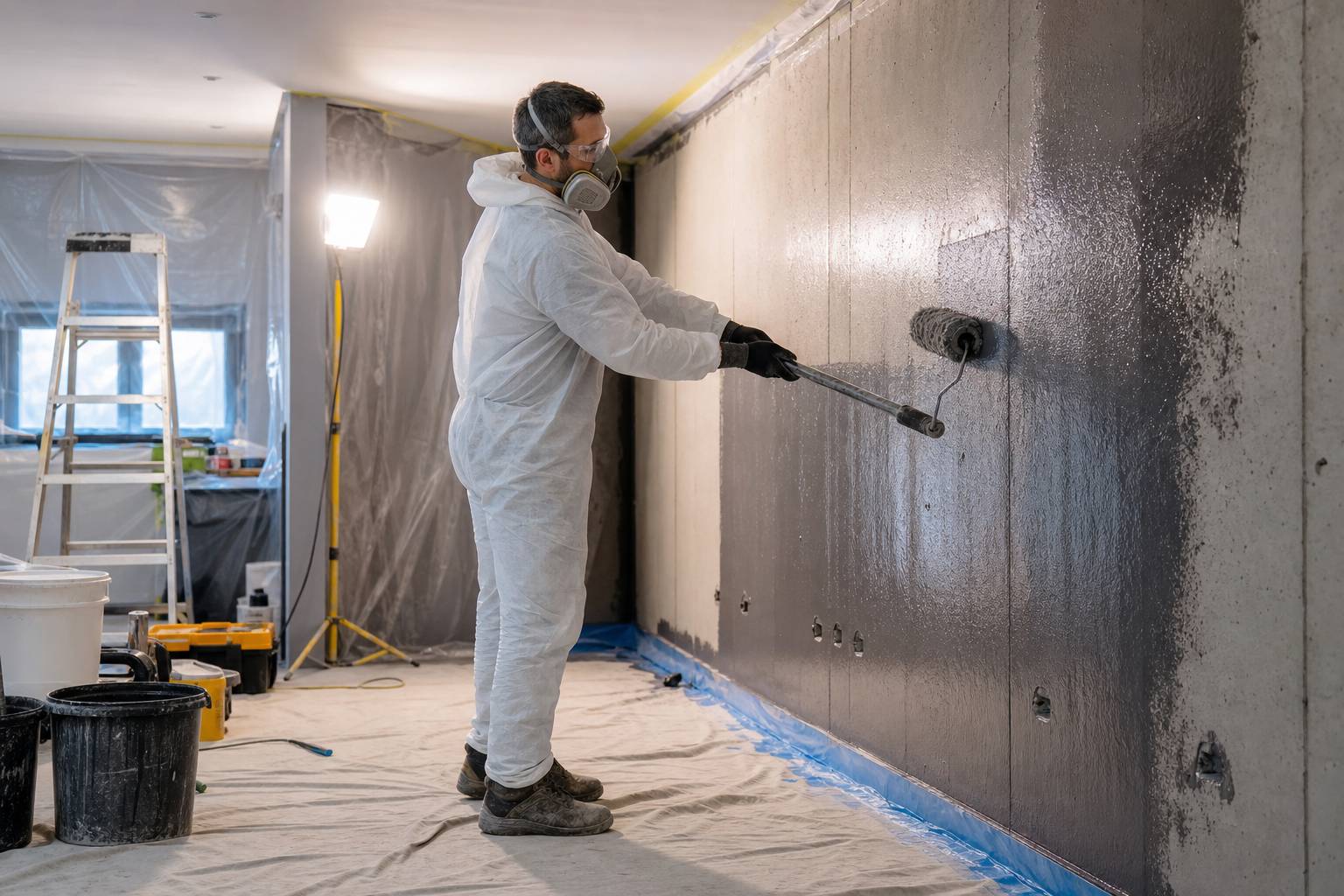 Application d'un traitement anti-humidité sur un mur intérieur par un professionnel