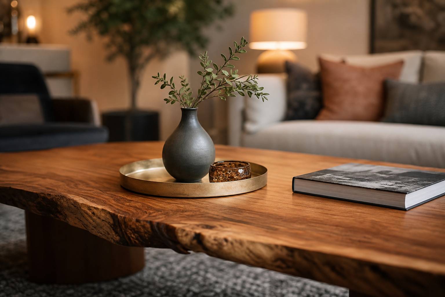 Surface d une table basse design avec deco tray livre et vase