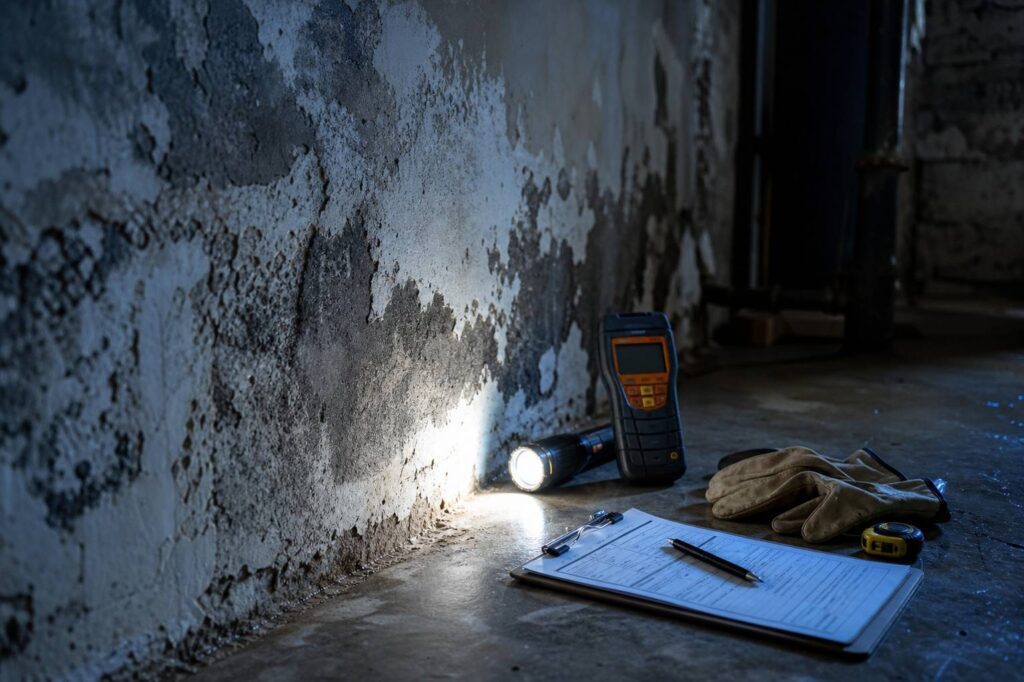 Mur humide avec traces de moisissure - diagnostic et traitement de l'humidité