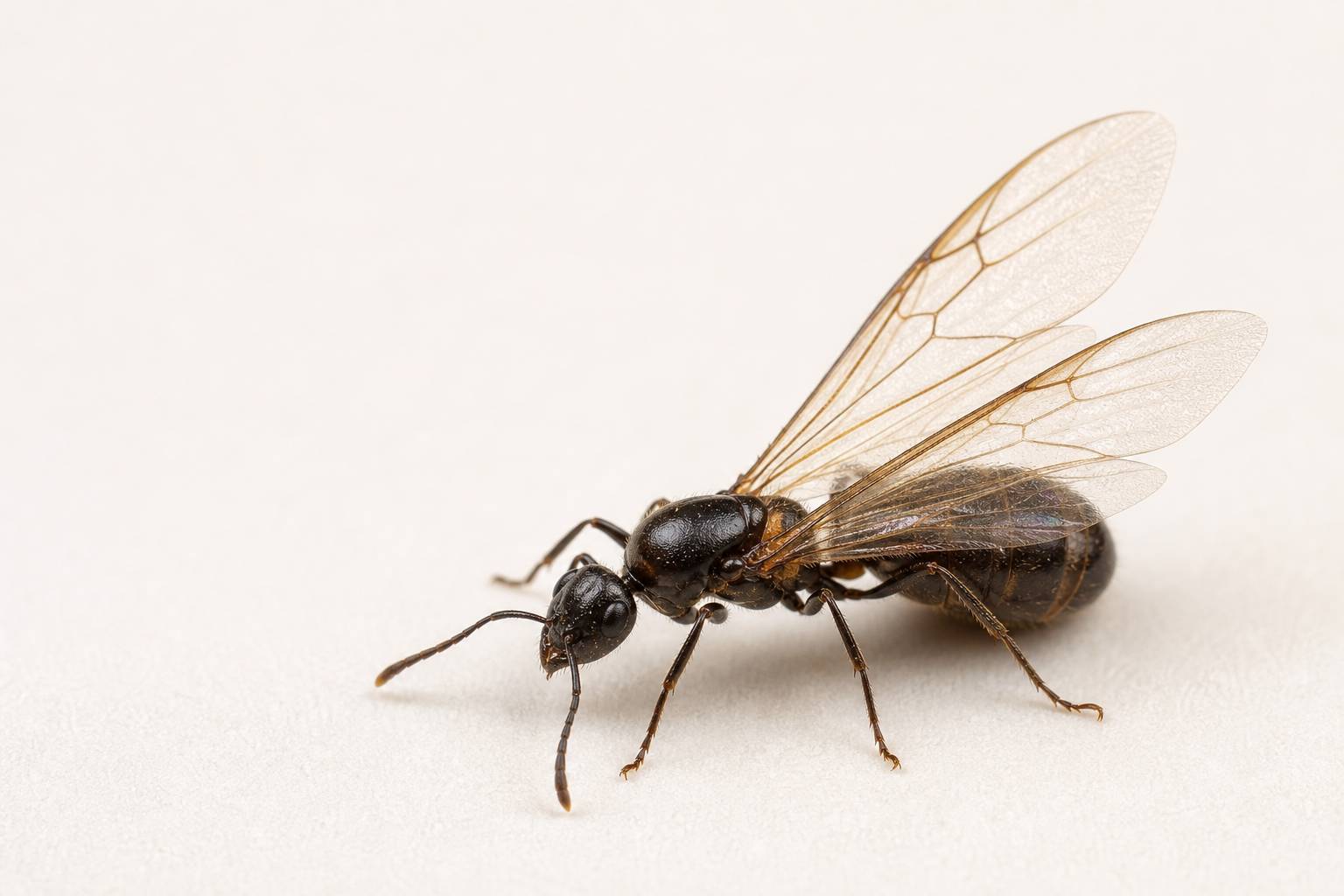 Ailes translucides de fourmi volante posee sur surface claire, details nervures visibles