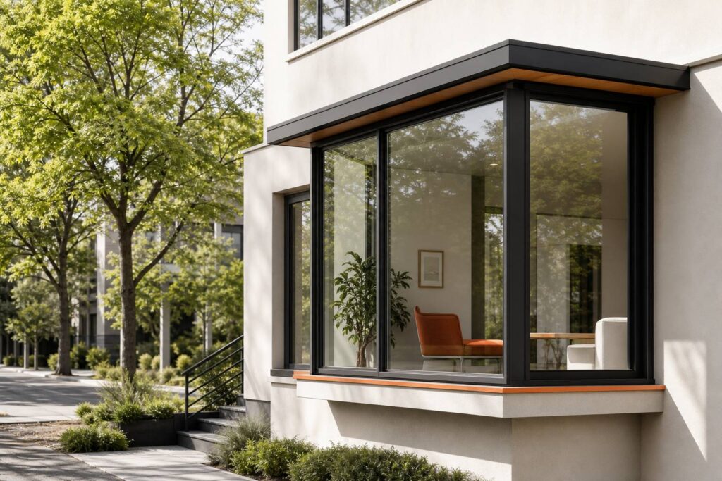 Bow-window avancee facade maison moderne baies vitrees rue arbor