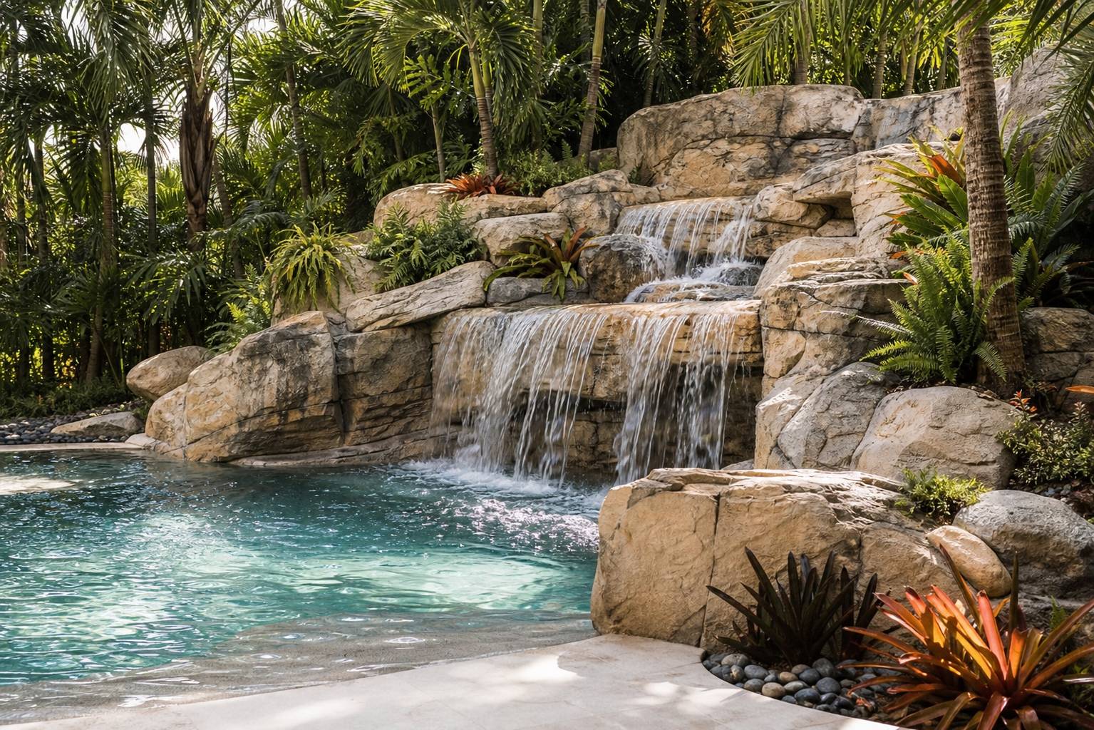 Cascade artificielle rochers eau claire ambiance piscine lagon plantes tropicales