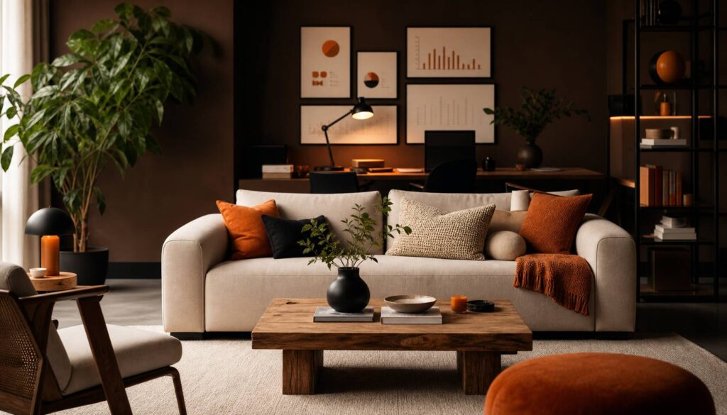Interieur elegant murs marron chocolat canape beige cosy plante verte