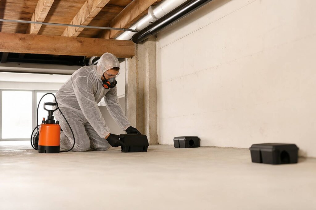 Technicien tenue protection deratisation boites appat cave