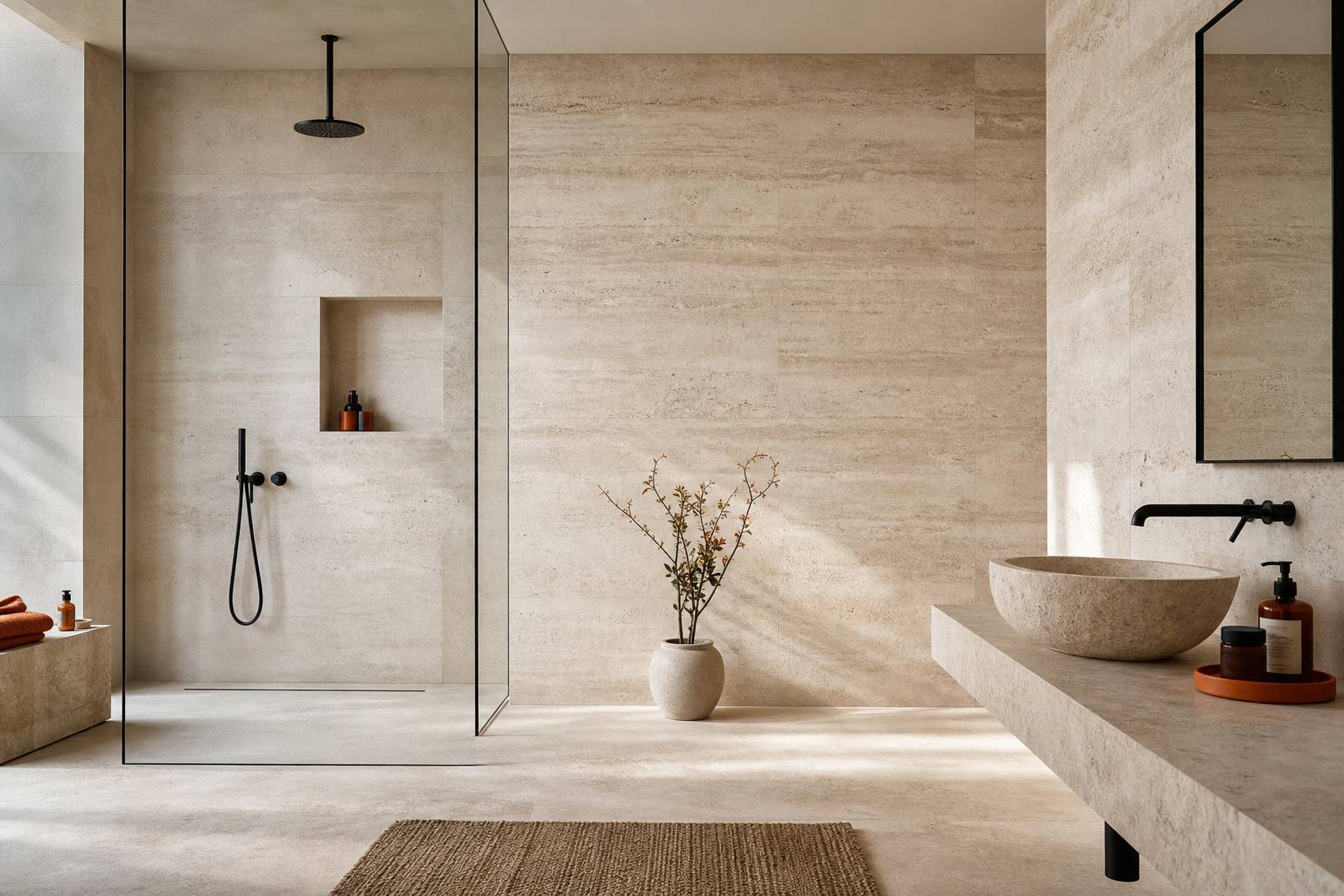 Salle bain douche italienne travertin mur pierre naturelle vasque