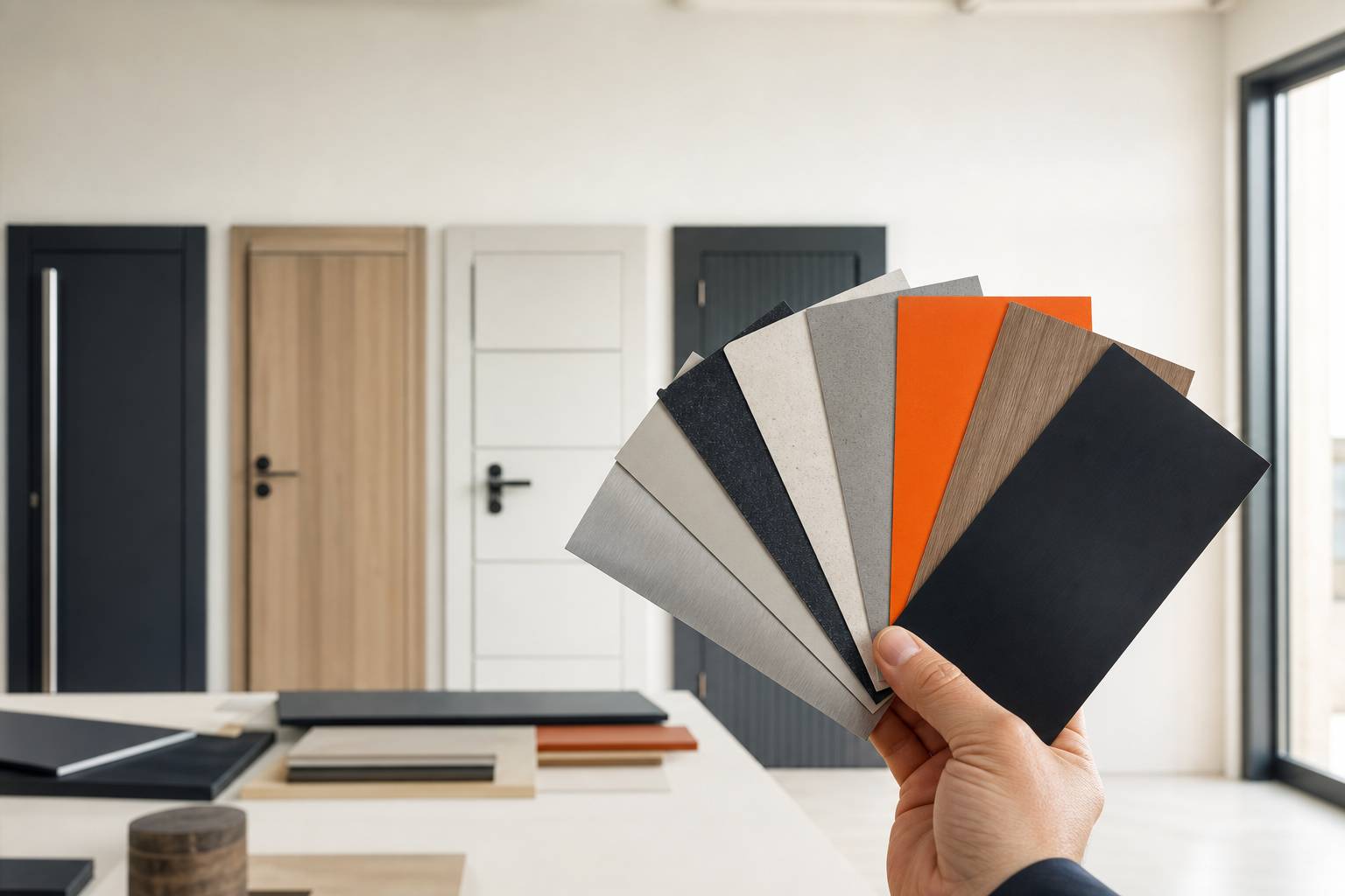 Echantillons finitions porte blindee couleurs materiaux sur fond blanc