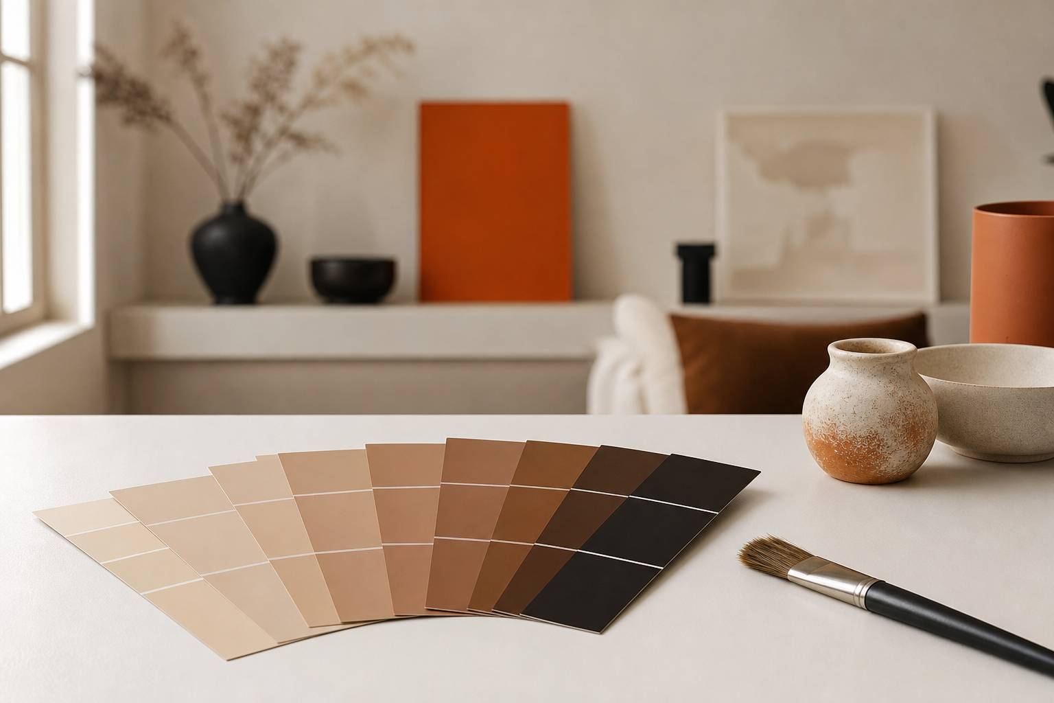 Palette echantillons peinture marron clair fonce pinceau decoration