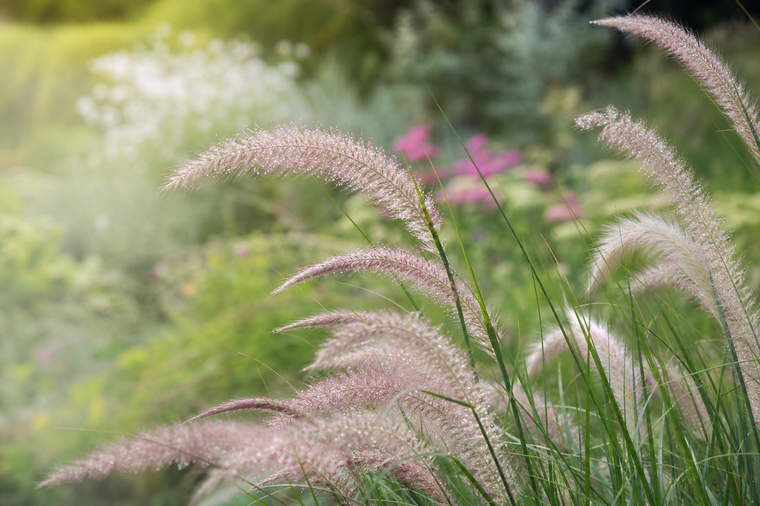 Epis plumeux de Pennisetum avec gouttes de rosée en gros plan