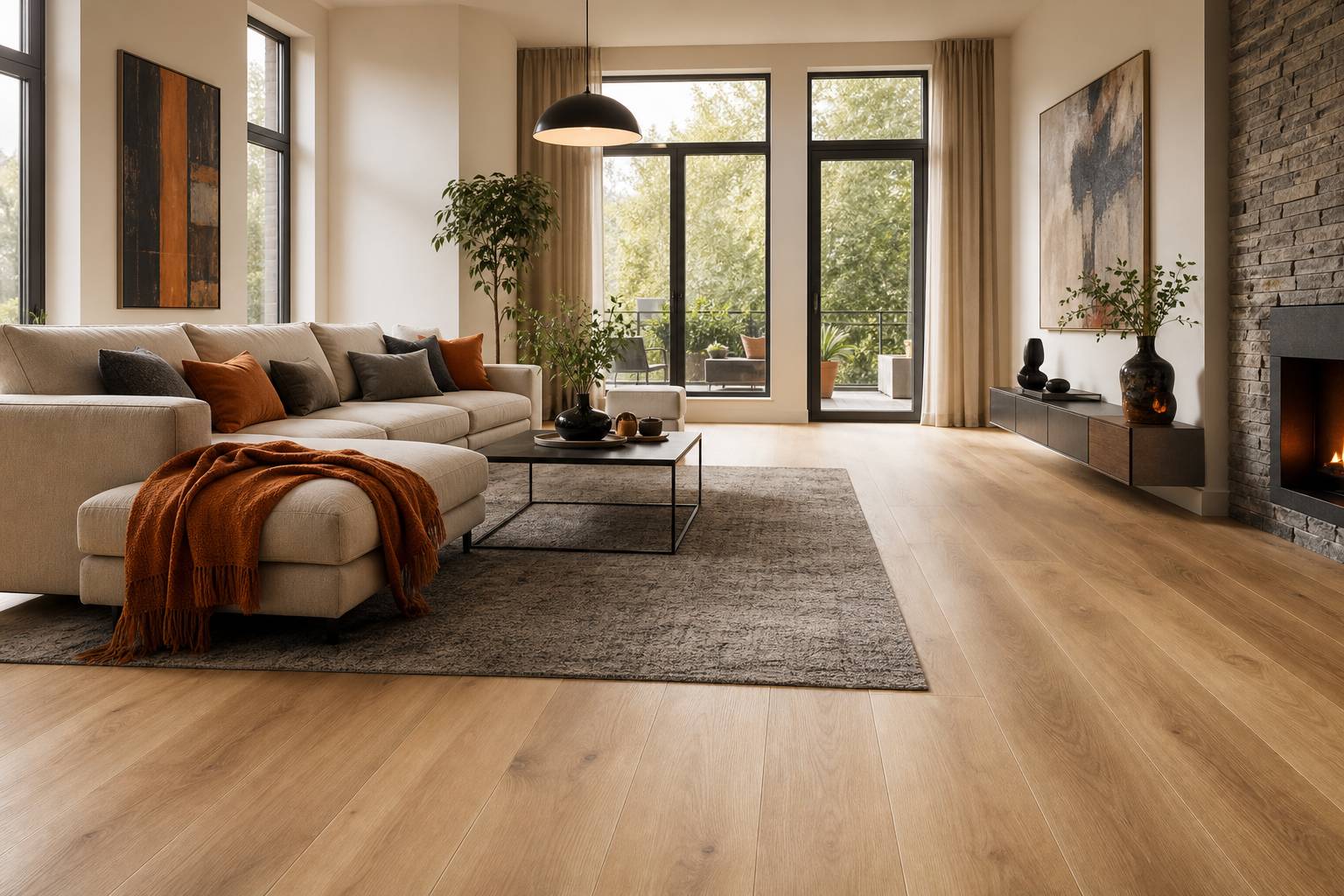 Interieur chaleureux parquet contrecoule pose tapis canape bois