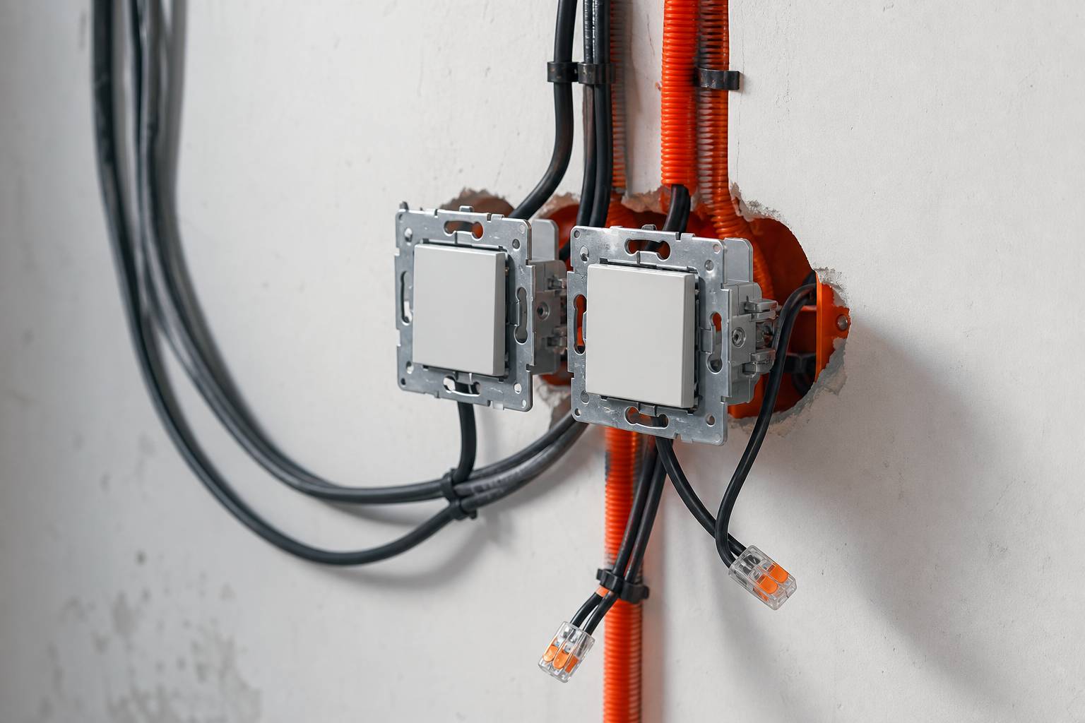 Deux interrupteurs muraux cables boitiers encastrement chantier electricite