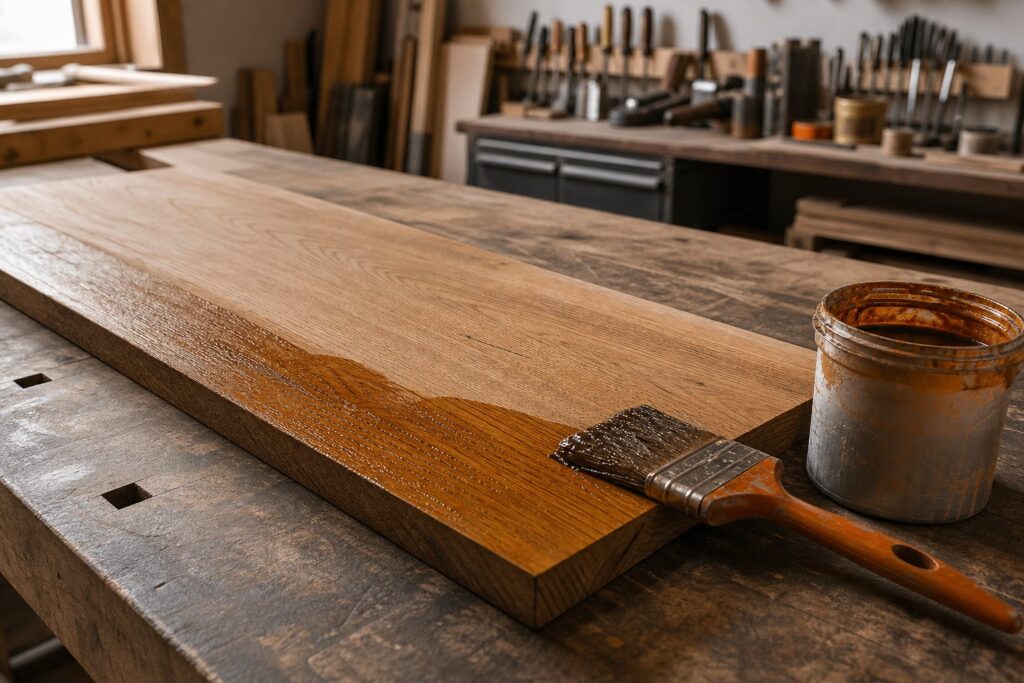 Pinceau large appliquant de la lasure transparente sur une planche de bois en atelier