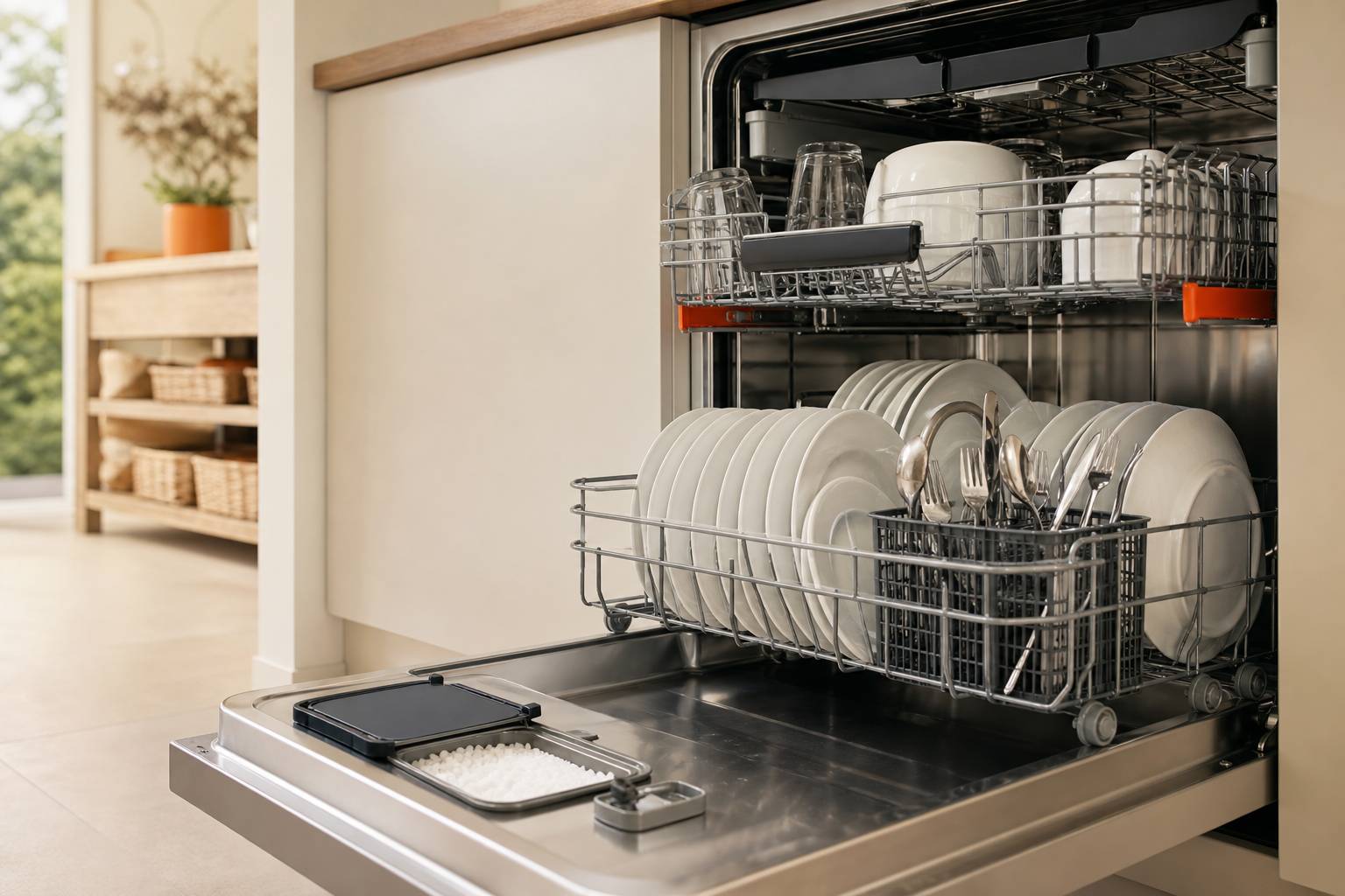 Lave-vaisselle ouvert compartiment sel regenerant vaisselle propre cuisine