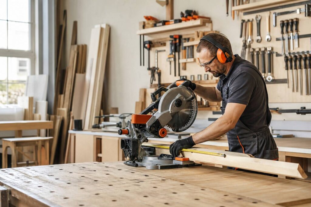 Menuisier atelier mesurant piece bois scie onglet outils artisanaux suspendus