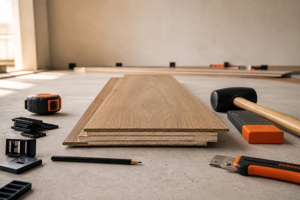 Piece parquet contrecoule pose coupe stratification visible outils a cote