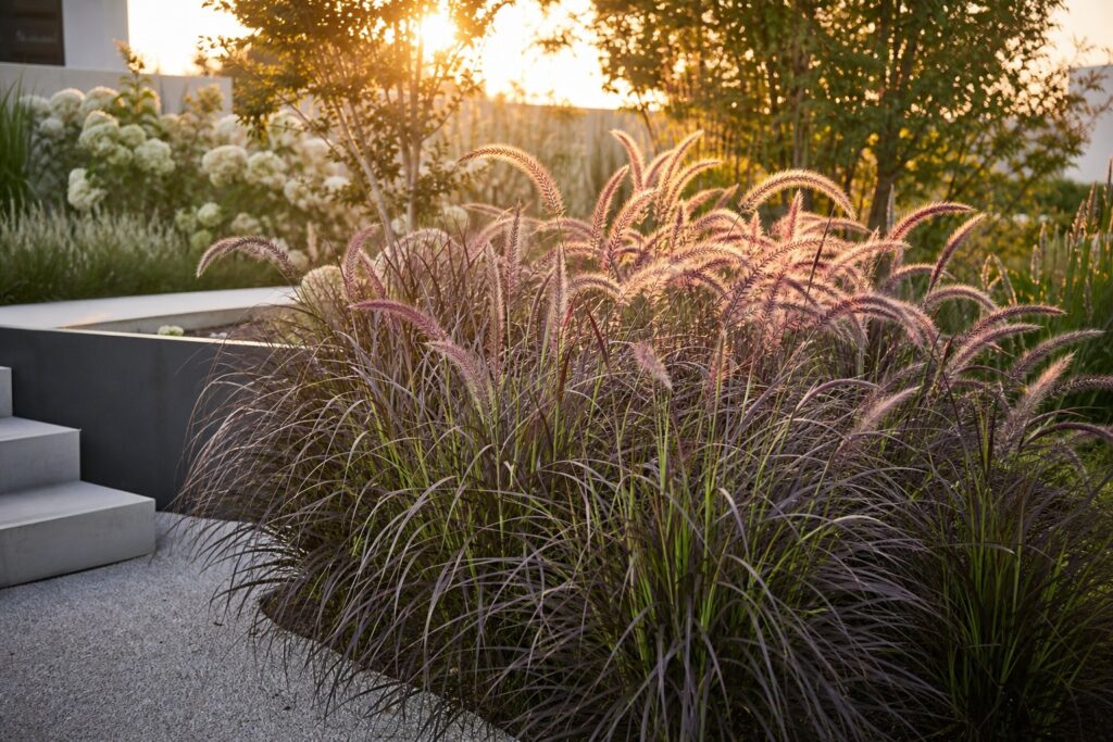 Massif de Pennisetum setaceum Rubrum aux épis plumeux rose-pourpre dans un jardin contemporain