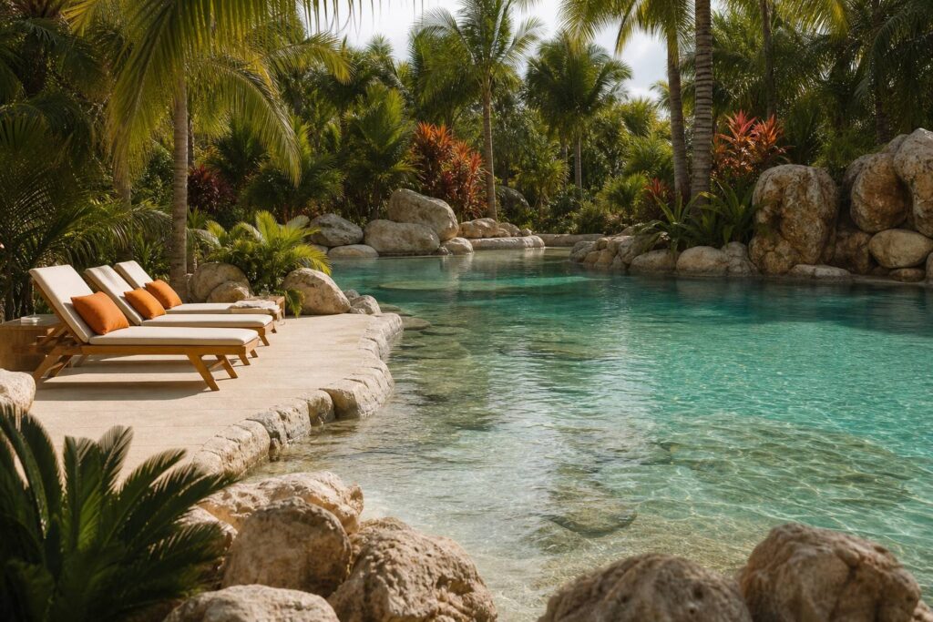 Piscine lagon eau turquoise bordure rochers transats bois palmiers