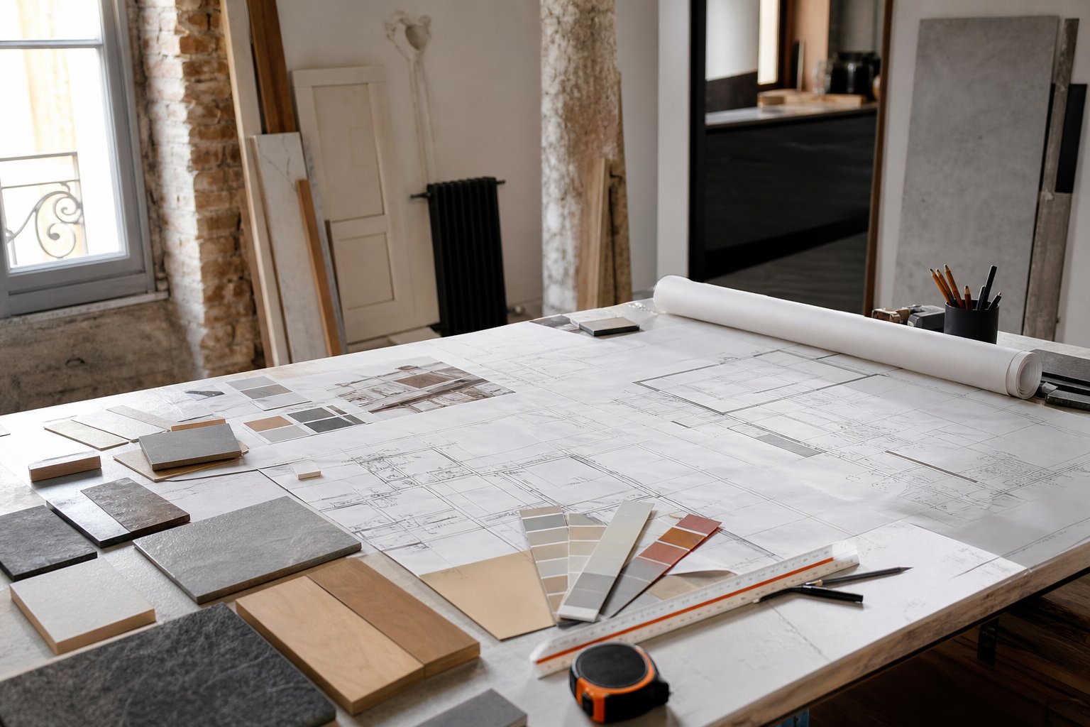 Plan de travail avec plans d architecte et échantillons de matériaux de rénovation