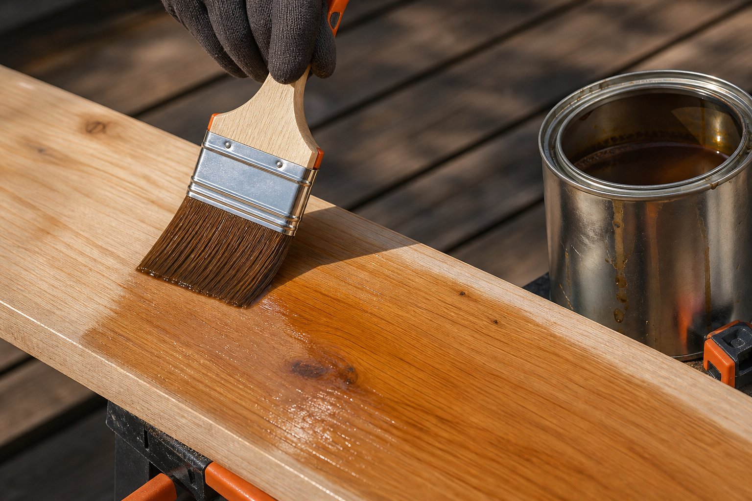 Planche de bois traitée à la lasure en extérieur avec pot de lasure ouvert à côté