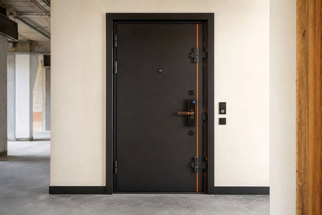 Porte blindee acier installee encadrement serrure securite multiple