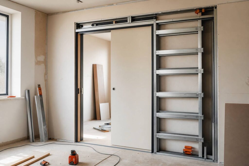 Porte galandage coulissante integree mur renovation placo ouvert