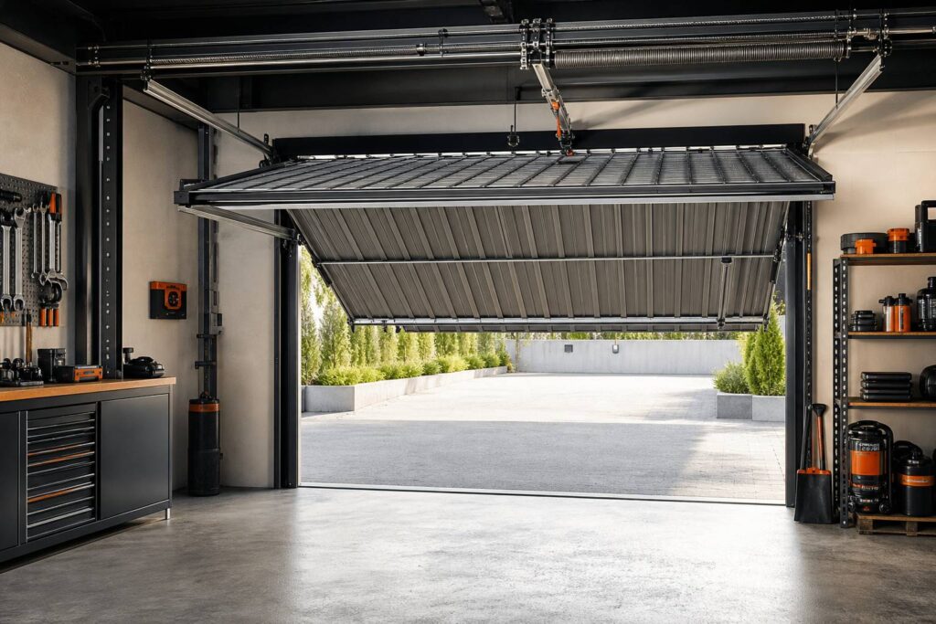 Porte garage basculante metallique grise ouverte mecanisme torsion