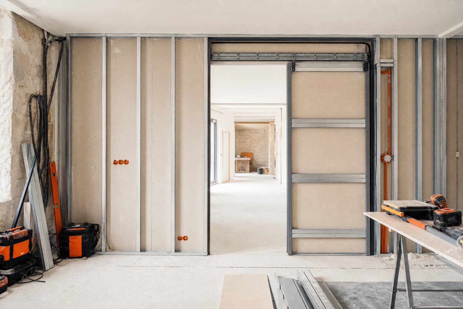 Rail porte coulissante integre mur construction espace coulissement