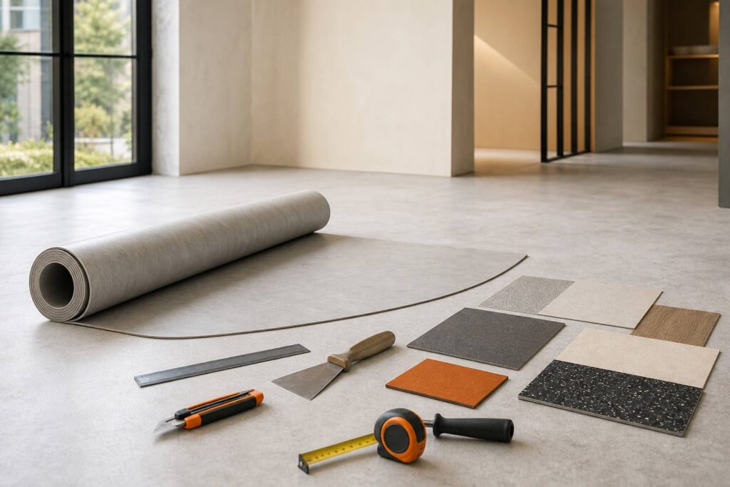 Rouleau sol PVC deroule sol beton echantillons textures outillage pose