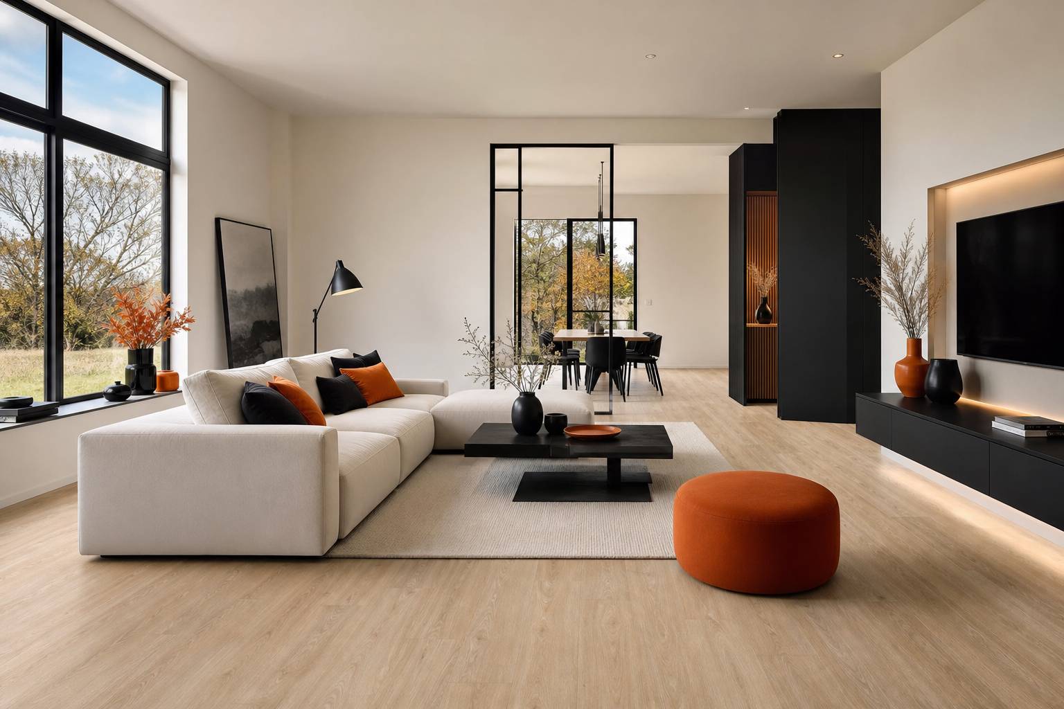 Salon moderne sol PVC imitation parquet clair canape table basse
