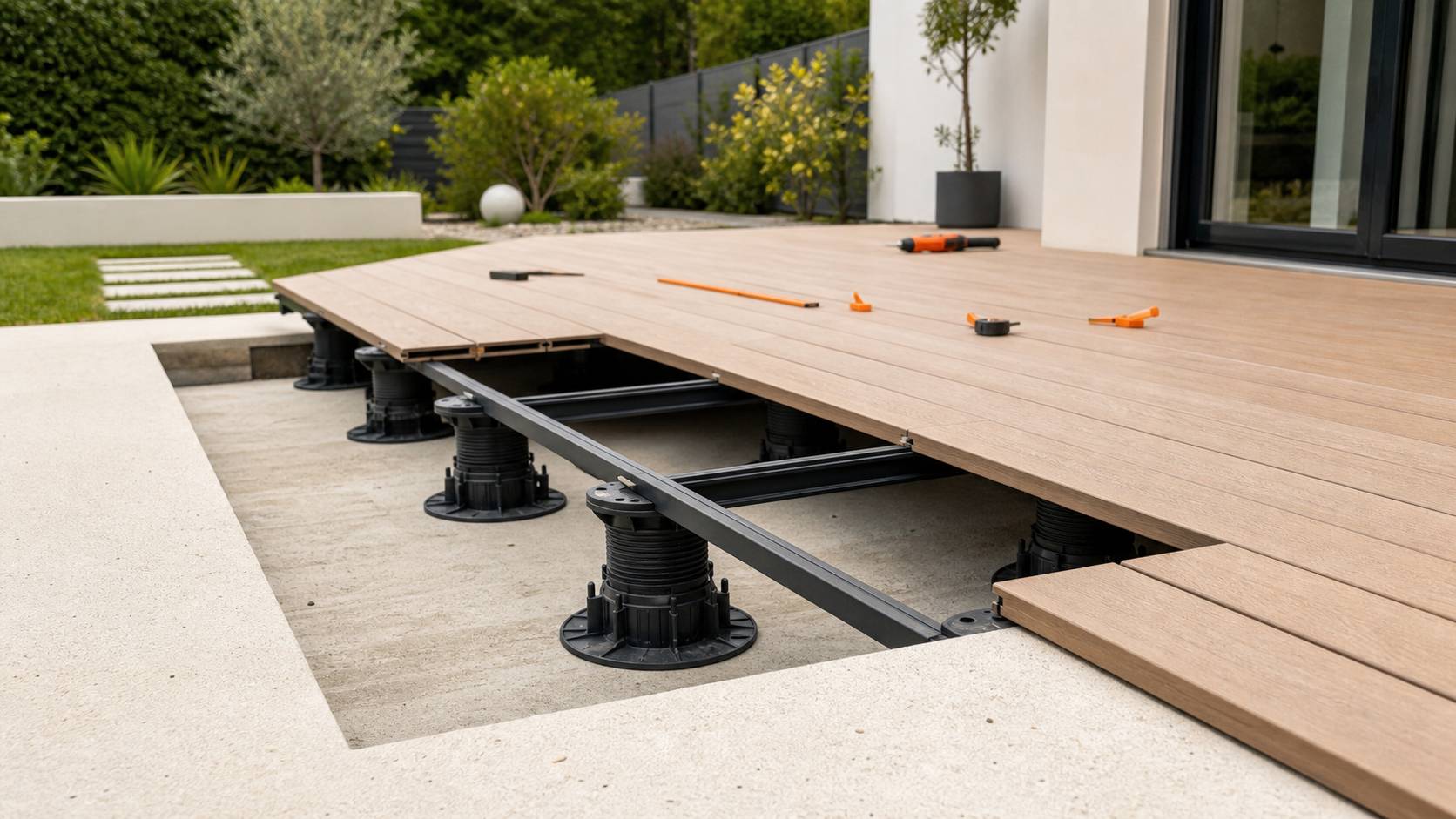 Terrasse bois plots reglables plastique sous dalles coupe systeme support