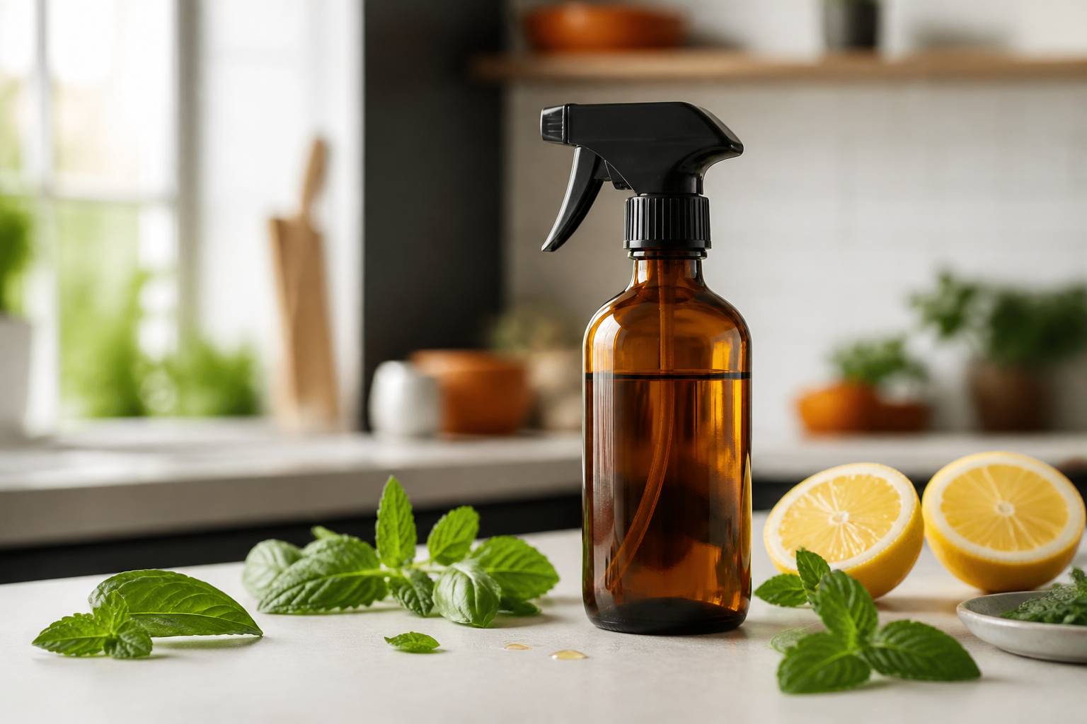 Vaporisateur en verre ambré entouré de menthe, basilic et citron