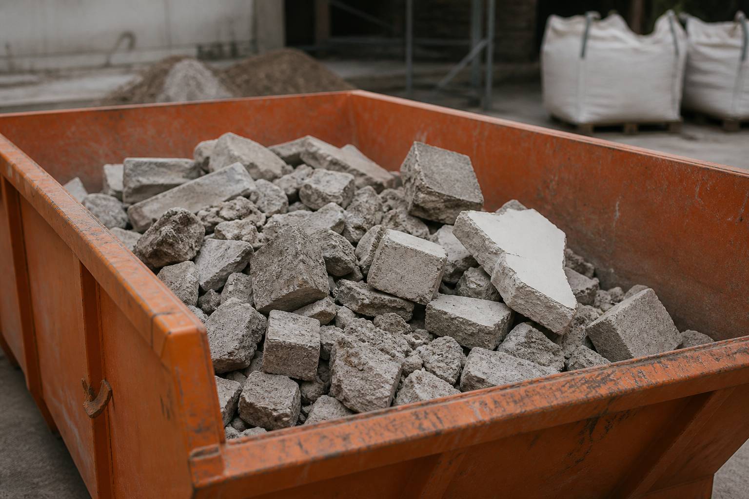 Benne ouverte remplie de gravats de démolition sur un chantier