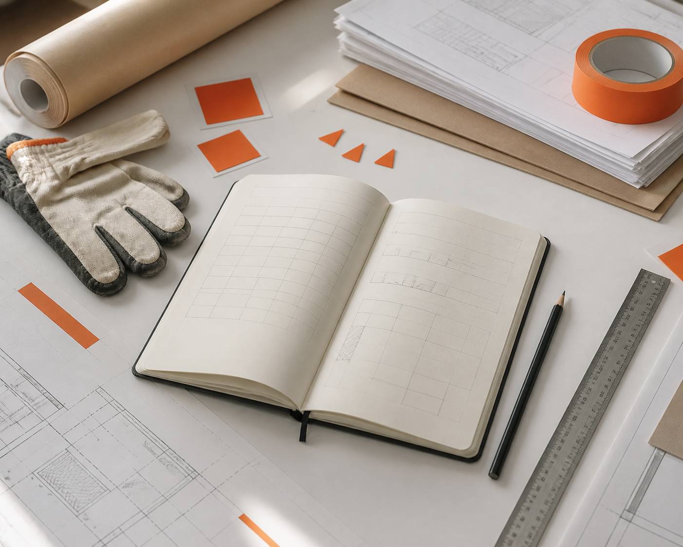 Carnet de planning avec gants de travail et crayon sur fond clair