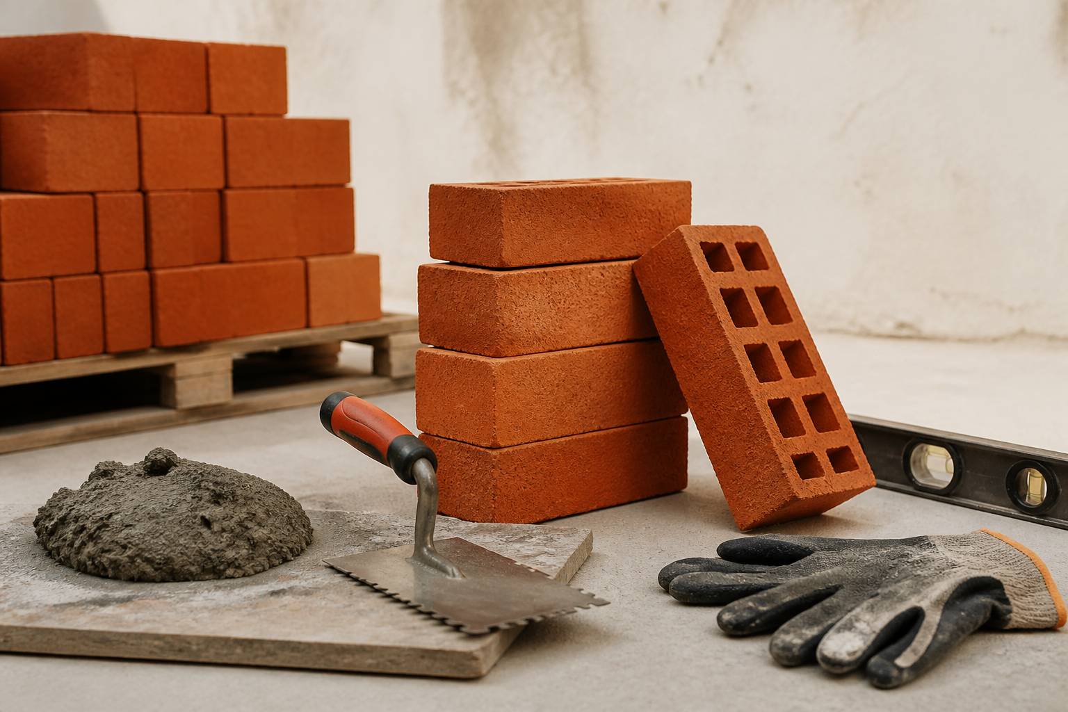 Pile de briques rouges avec truelle, mortier et niveau à bulle sur un chantier