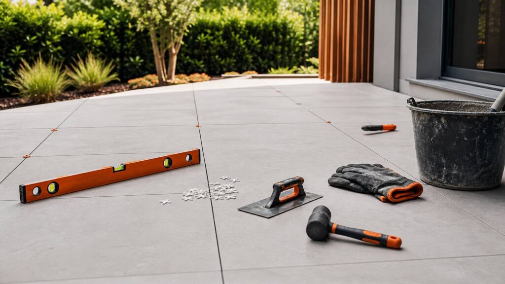Terrasse carrelée de dalles antidérapantes avec outils de pose