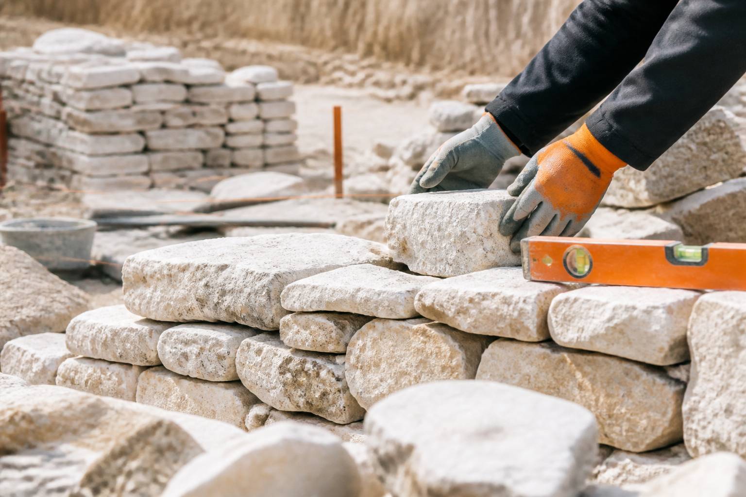 Mains gantées posant des pierres sèches sur un mur
