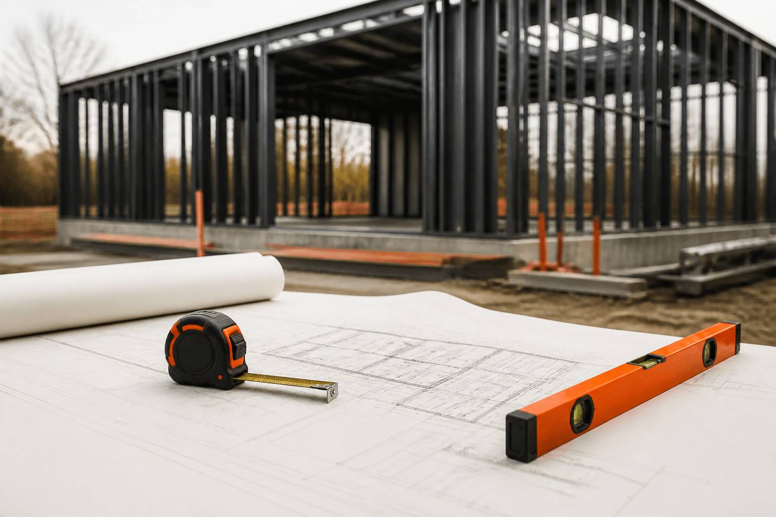 Plan d'architecture déroulé avec mètre ruban et niveau à bulle pour diagnostic de maison Phénix