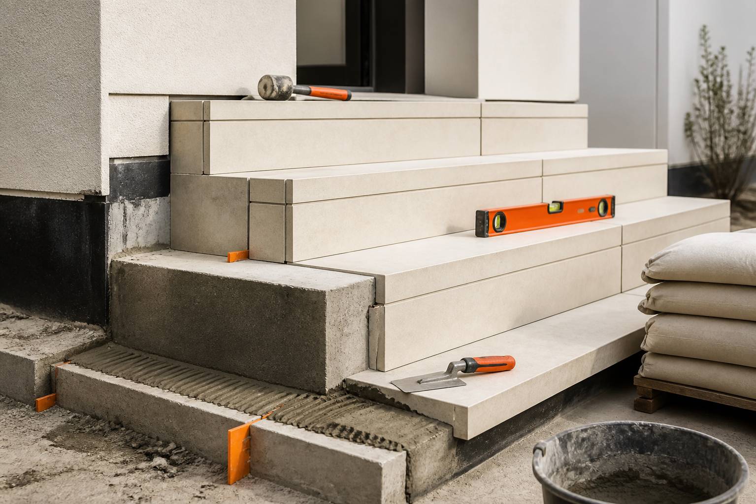 Marches d'escalier extérieur en cours de pose avec outils et niveaux sur un chantier
