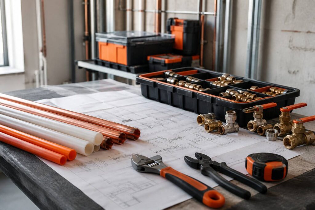 Établi d'artisan plombier avec tuyaux en cuivre, raccords, clé à molette et plan de chantier déplié