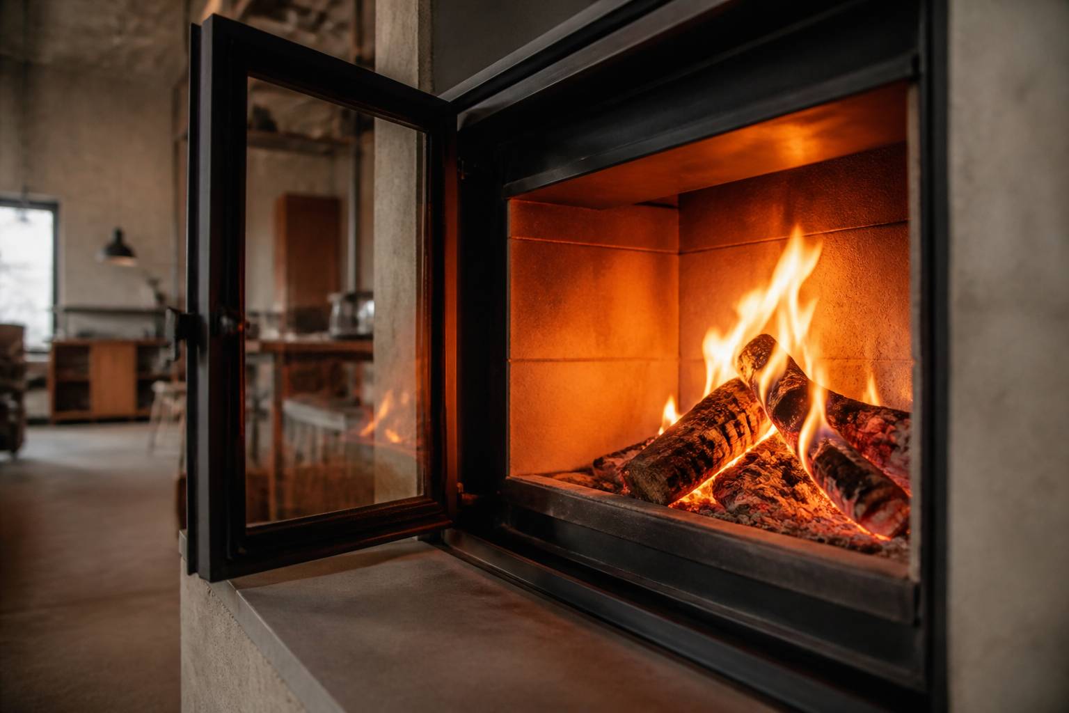 Intérieur du foyer d'un poêle de masse avec une flambée courte