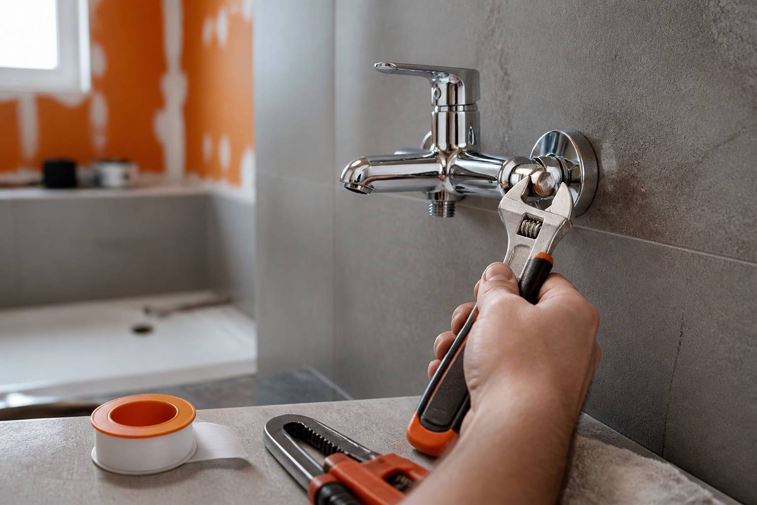 Main serrant l'écrou d'un mitigeur de douche apparent avec une clé à molette