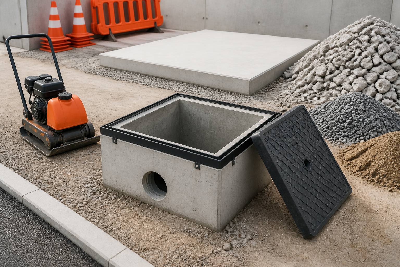 Regard béton avec cadre métallique et couvercle sur un chantier