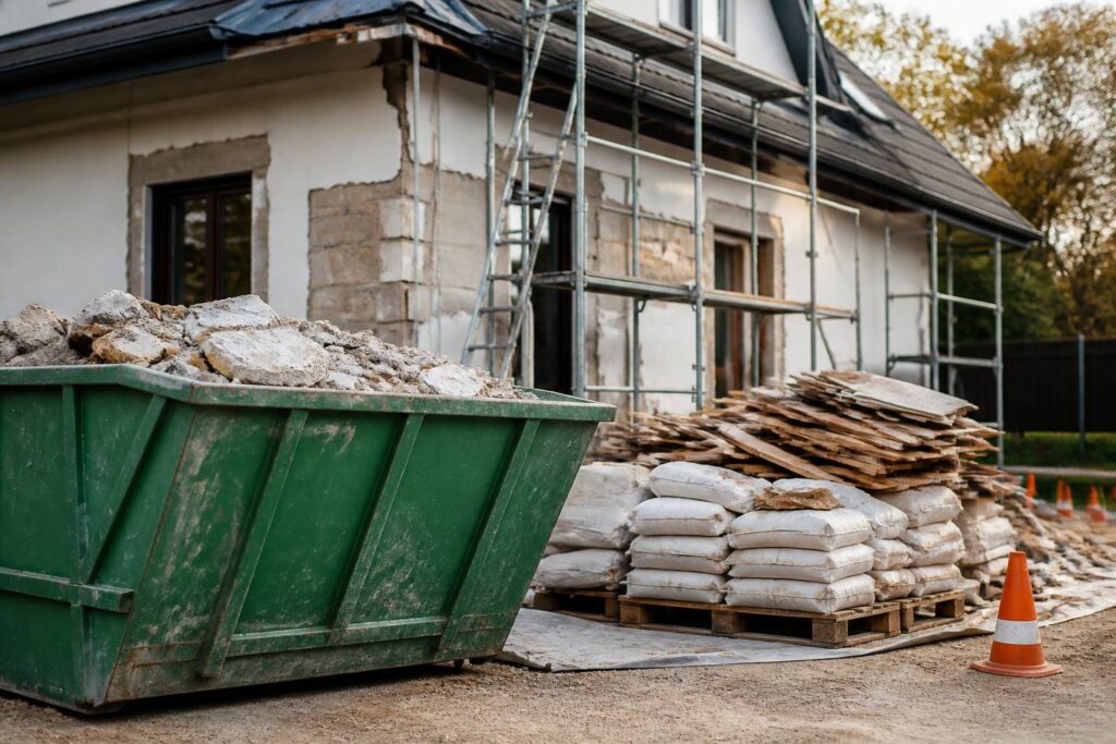 Benne à déchets métallique sur un chantier de rénovation avec gravats