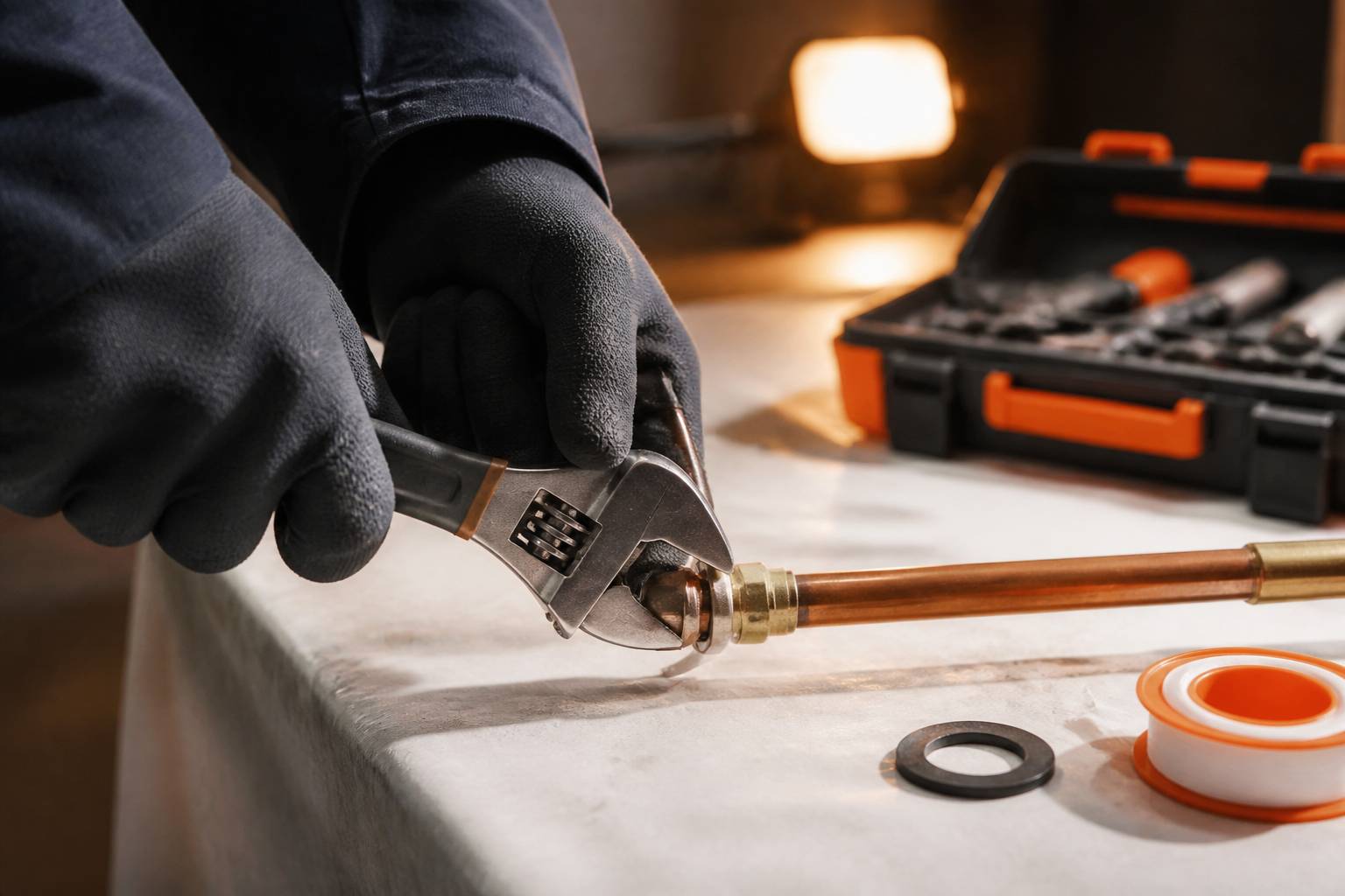 Mains gantées serrant un raccord de cuivre à la clé