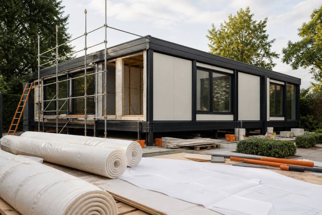 Maison Phénix en rénovation avec ossature métallique apparente et panneaux de façade sur échafaudage