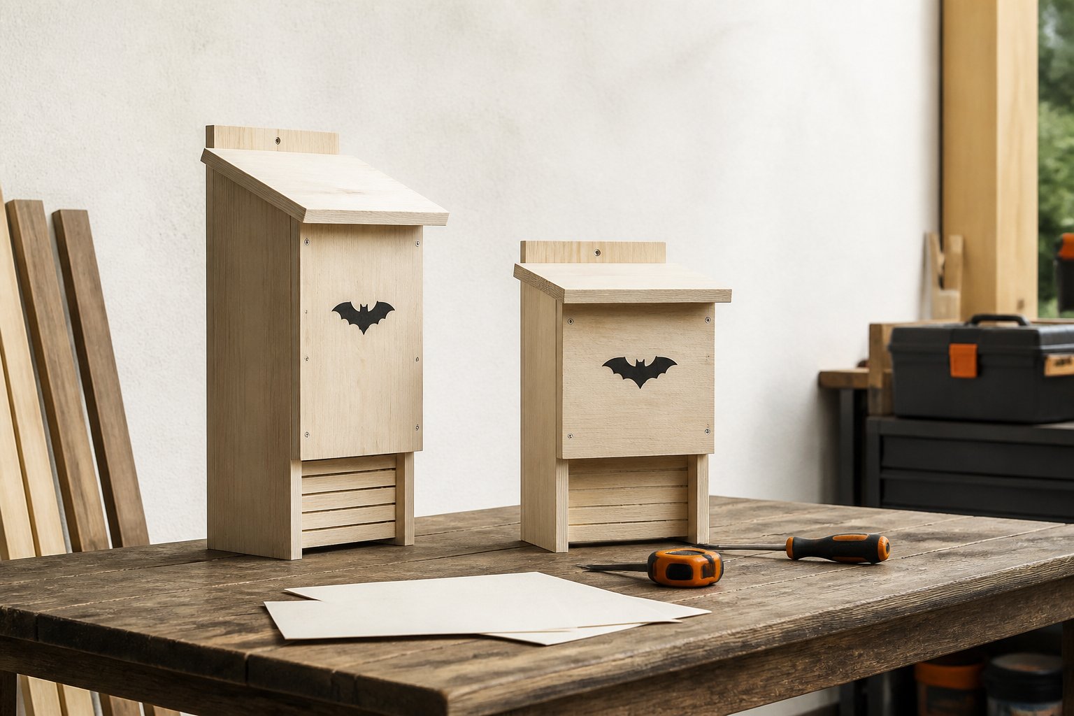 Deux nichoirs à chauve-souris en bois posés sur un établi avec un mètre ruban