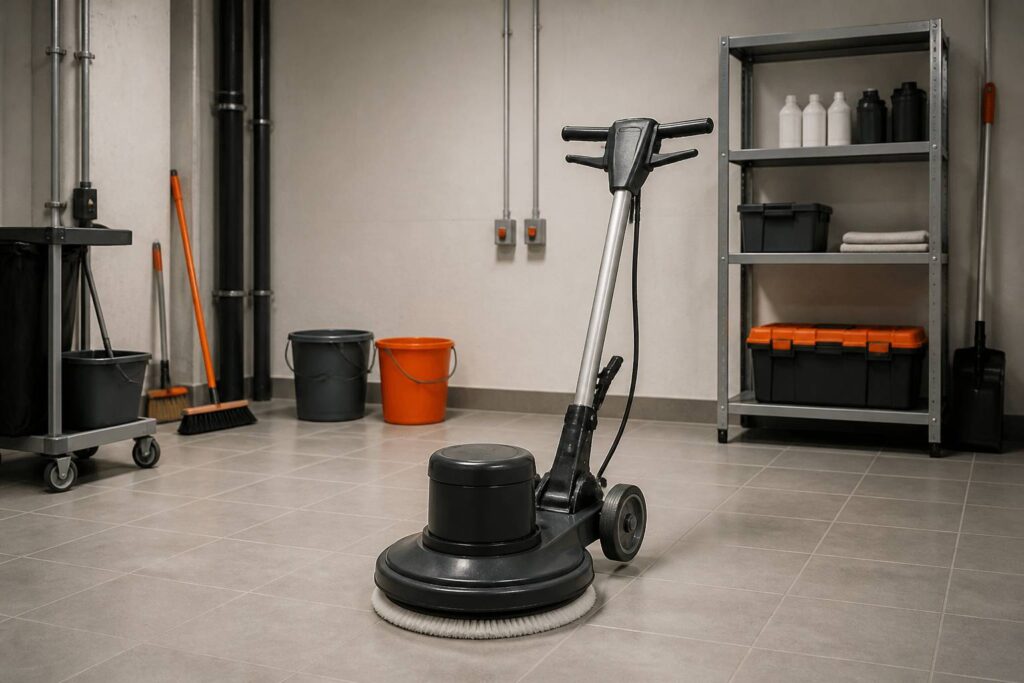 Monobrosse posée sur un sol en carrelage dans un local technique clair